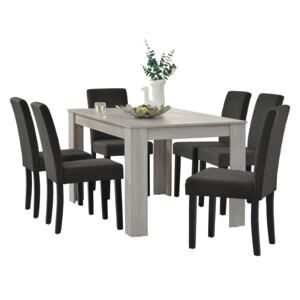 [en.casa]® Set Oak 3 masa bucatarie cu 6 scaune, masa 140 x 90 x 77 cm, scaun 90 x 37 x 48 cm, MDF/tesatura, multicolor pentru 6 persoane