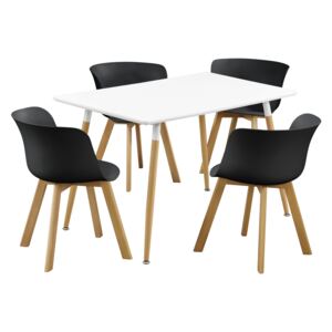 [en.casa]® Masa de bucatarie/salon design modern Estera - MDF/plastic/lemn de fag, 120 x 70 x 75cm, cu 4 scaune design, alb/negru