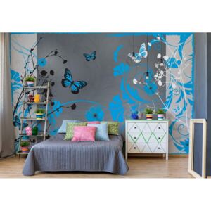 Fototapet - Flowers And Butterflies Modern Design Blue Vliesová tapeta - 254x184 cm
