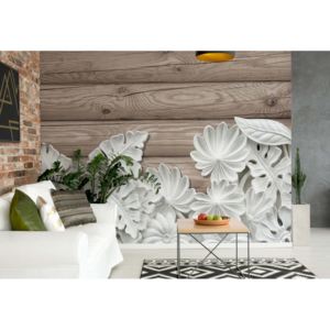 Fototapet - Vintage Chic 3D Carved White Flowers Wood Plank Texture Vliesová tapeta - 206x275 cm