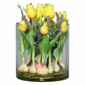 Aranjament lalele artificiale galbene în bol de sticlă cu aspect 100% natural, 29 cm