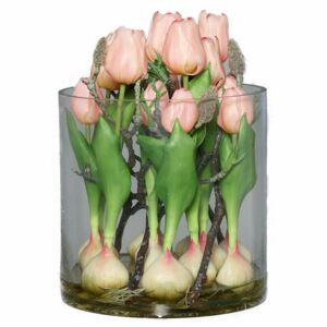 Aranjament lalele artificiale roz prăfuit în bol de sticlă cu aspect 100% natural, 29 cm