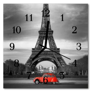 Ceas de perete din sticla pătrat Turnul Eiffel mașină de oraș roșu