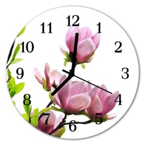 Ceas de perete din sticla rotund Magnolia Blossom Flori și plante roz