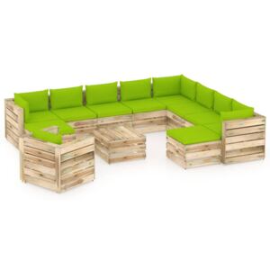 Set mobilier grădină cu perne, 12 piese, lemn tratat verde
