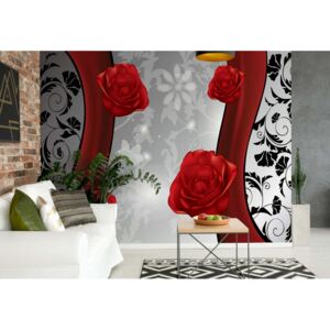 Fototapet - Red Roses Modern Floral Design Silver And Red Vliesová tapeta - 368x254 cm