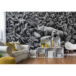 Fototapet GLIX - 3D Carved Wood Jungle Elephants + adeziv GRATUIT Tapet nețesute - 416x254 cm