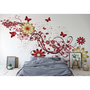 Fototapet - Modern Design Red Flowers And Butterflies Papírová tapeta - 254x184 cm