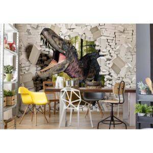 Fototapet - 3D Dinosaur Bursting Through Brick Wall Vliesová tapeta - 416x254 cm