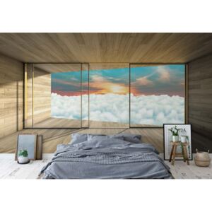 Fototapet - Moderní okno s výhledem nad oblaka 3D Vliesová tapeta - 416x254 cm