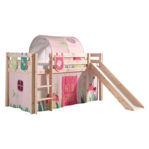 Pat etajat din lemn de pin, cu tunel si topogan pentru copii Pino Plus Spring Natural, 200 x 90 cm