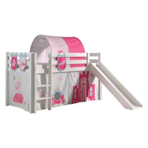 Pat etajat din lemn de pin, cu tunel si topogan pentru copii Pino Plus Princess Alb, 200 x 90 cm