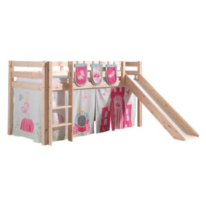 Pat etajat din lemn de pin, cu topogan pentru copii Pino Plus Princess Natural, 200 x 90 cm