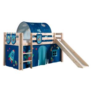 Pat etajat din lemn de pin, cu tunel si topogan pentru copii Pino Plus Astro Natural, 200 x 90 cm