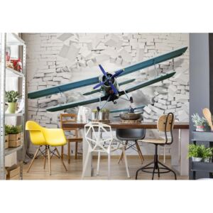 Fototapet GLIX - 3D Plane Bursting Through Brick Wall + adeziv GRATUIT Papírová tapeta - 254x184 cm