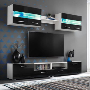 Mobilier sufragerie, spațiu TV 5 piese, lumini LED Negru lucios
