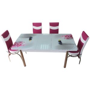 Set masa extensibila cu 6 scaune pentru bucatarie Hit Modella, alb/gri/roz, scaune roz, 170x80x70 cm, blat sticla securizata, scaune piele eco, cod