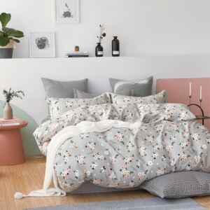 Lenjerie de pat reversibilă gri, cu motiv floral 3 părți: 1buc 160 cmx200 + 2buc 70 cmx80