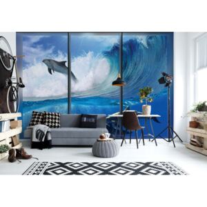 Fototapet - Dolphins Sea Wave Window View Vliesová tapeta - 368x254 cm