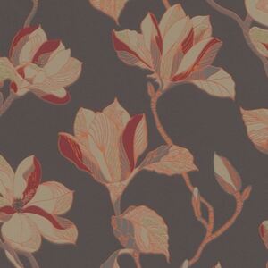 Tapet model floral, magnolii in nuante de rosu, bej si gri pe fundal negru, D610222E