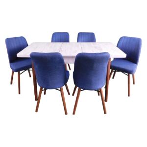 Set masă living extensibilă Aris Alb cu 6 scaune Kare albastre