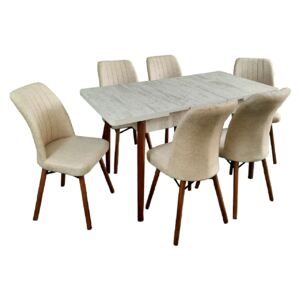 Set masă living extensibilă Aris Alb cu 6 scaune Kare crem