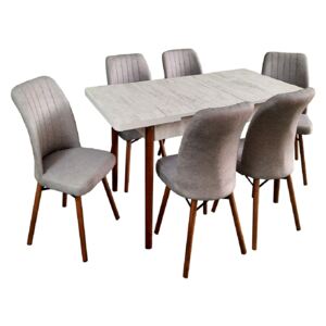 Set masă living extensibilă Aris Alb cu 6 scaune Kare gri