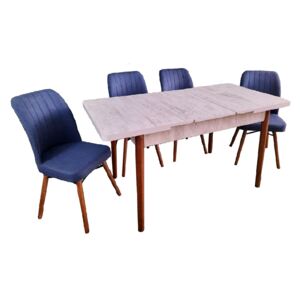 Set masă extensibilă Aris Alb cu 4 scaune Kare albastre