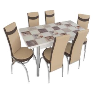 Set masă extensibilă Mozaic cu 6 scaune crem cu maro