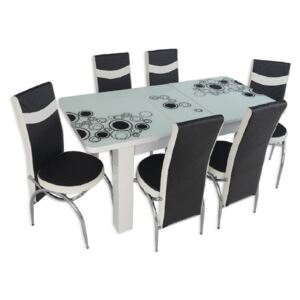 Set masă extensibilă Alb Cerc Picior PAL și 6 scaune negru-alb