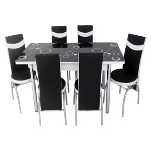 Set masă extensibilă Negru Cerc și 6 scaune negru cu alb