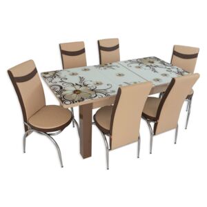 Set masă extensibilă Dalia Picior PAL și 6 scaune crem cu maro