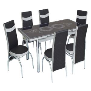 Set masă extensibilă Oriental Black și 6 scaune negru cu alb