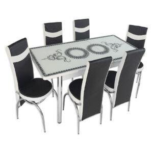 Set masă extensibilă Oriental White și 6 scaune negru cu alb