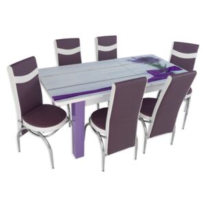 Set masă extensibilă Lavandă Picior PAL și 6 scaune mov cu alb