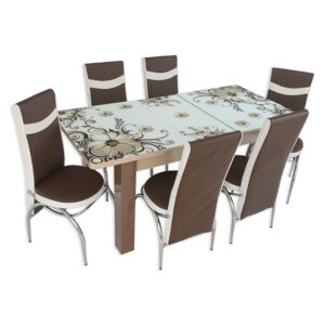 Set masă extensibilă Dalia Picior PAL și 6 scaune maro cu alb