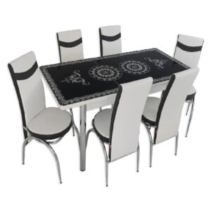 Set masă extensibilă Oriental Black și 6 scaune alb cu negru