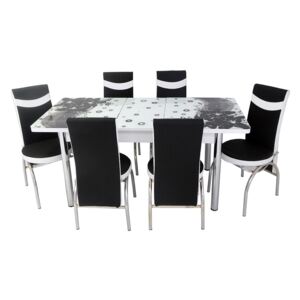 Set masă extensibilă Amaryllis Black și 6 scaune negru cu alb