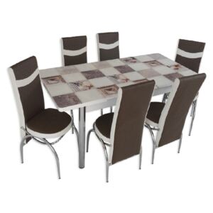 Set masă extensibilă Mozaic și 6 scaune maro cu alb