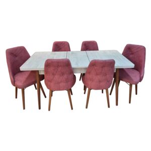 Set masă living extensibilă Aris Ash Wood cu 6 scaune Roz Închis