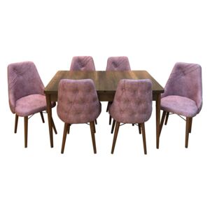 Set masă living extensibilă Aris Walnut Wood cu 6 scaune Roz Deschis