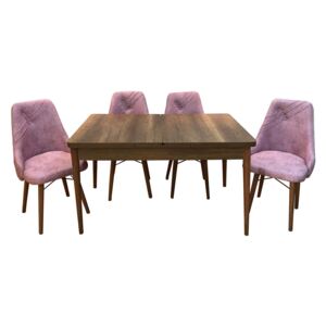 Set masă living extensibilă Aris Walnut Wood cu 4 scaune Roz Deschis