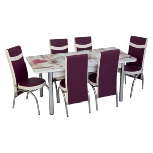 Set masă extensibilă Liliac și 6 scaune mov cu alb