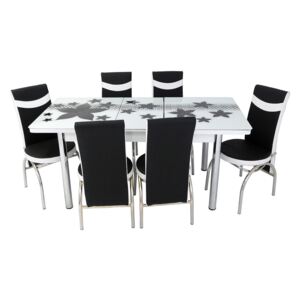 Set masă extensibilă Star Negru și 6 scaune negru cu alb