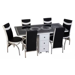 Set masă pliabilă cu 3 sertare Oriental Black și 6 scaune negru-alb