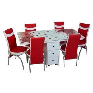 Set masă pliabilă cu 3 sertare Amaryllis Roșu și 6 scaune roșu-alb
