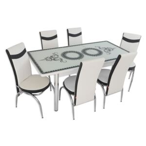 Set masă extensibilă Oriental White și 6 scaune alb cu negru