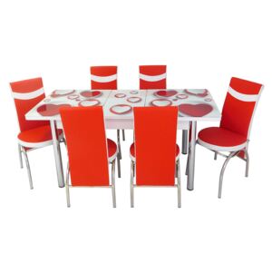 Set masă extensibilă Kalp Roșu și 6 scaune roșu cu alb