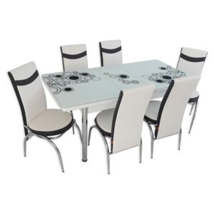 Set masă extensibilă Alb Cerc și 6 scaune alb cu negru