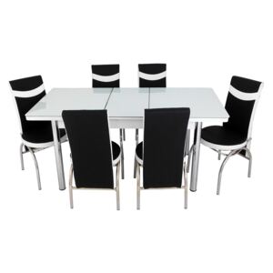 Set masă extensibilă Albă și 6 scaune negru cu alb
